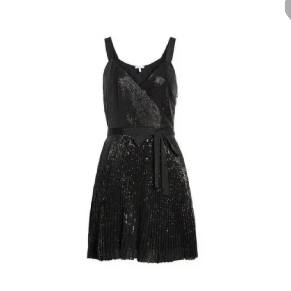 Joie Itara Dress Large Black “caviar” Sequined Mini Dress Pleats NWOT